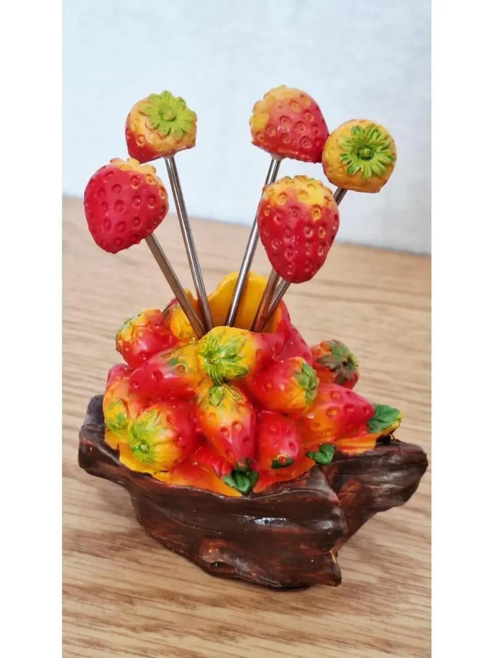 Vintage Strawberry Appetizer Pick Set with Resin Holder - 5 Metal Hors D'oeuvres